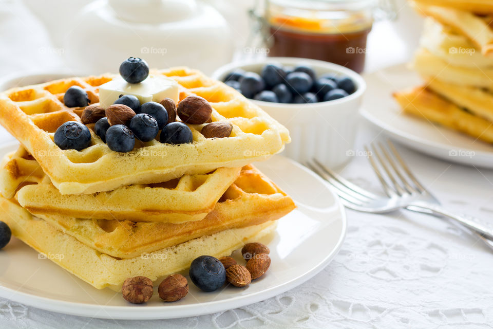 Belgian waffles with blueberries and nuts