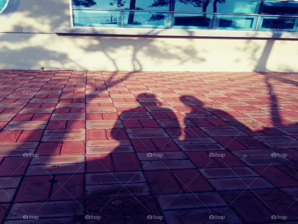 shadow of mother and child sitting  together beside the carabao tree.