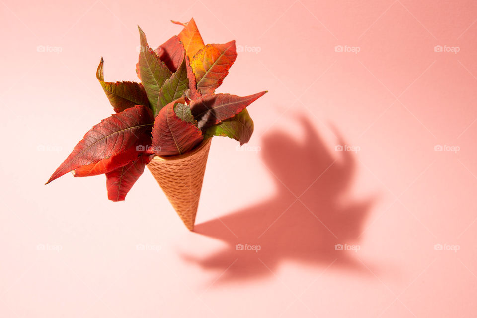 Creative concept of ice cream cone with autumn leaves