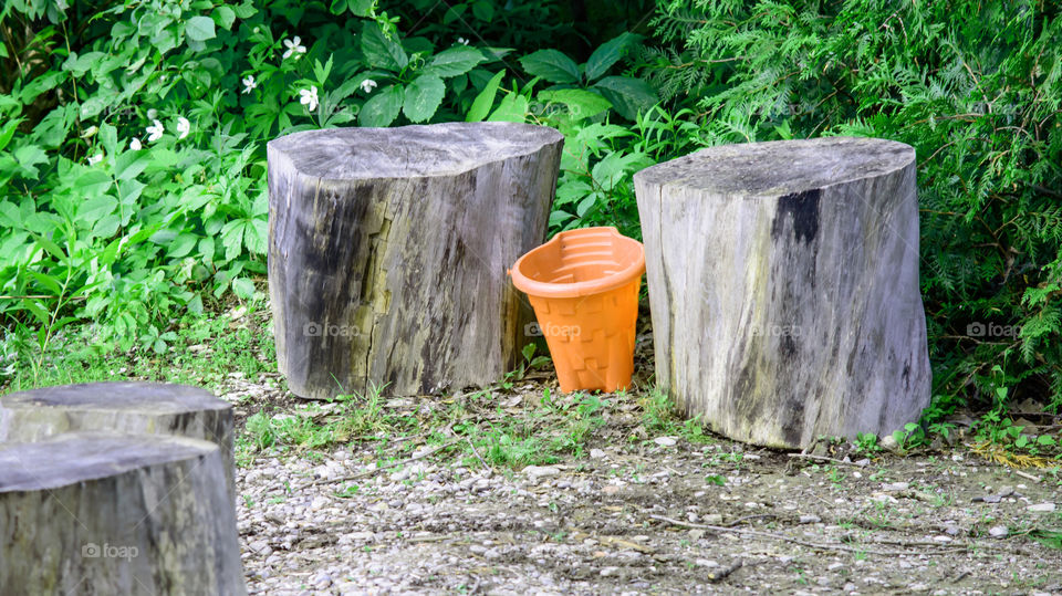 Orange bucket next to cut down tree stumps made into chairs abstract summer camping and cottage background photography 