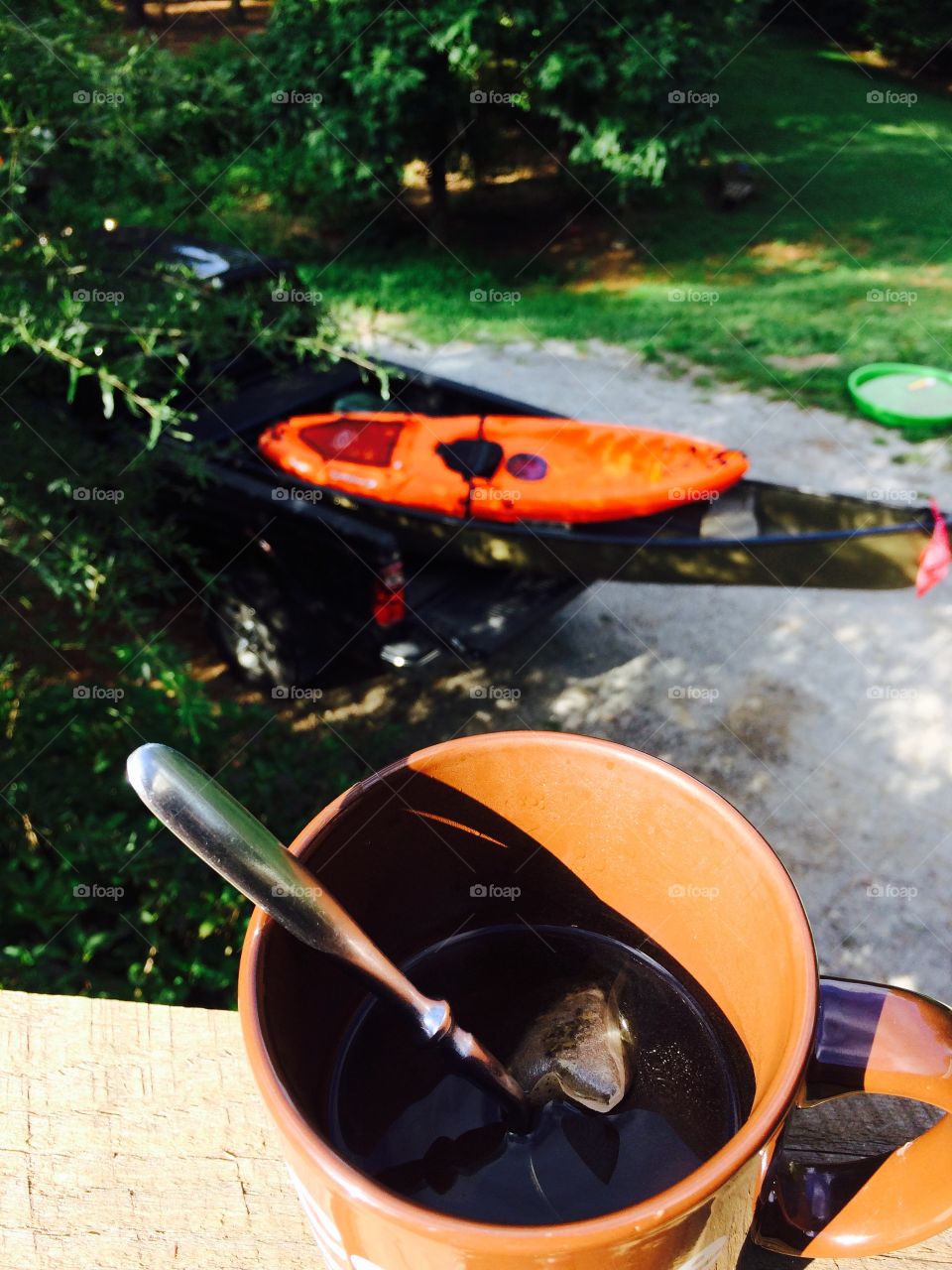 Tea with a ride. This is my kayak in my truck while I'm drinking some tea to get me going