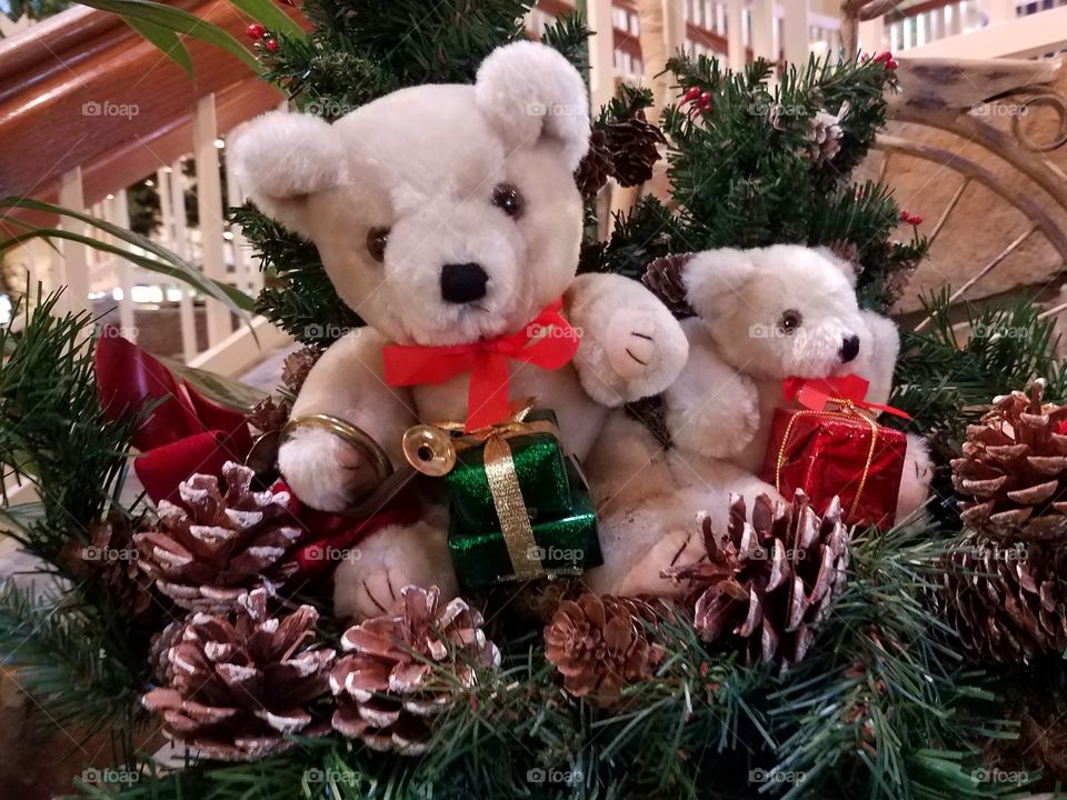 A Christmas display of two stuffed bears and pine cones