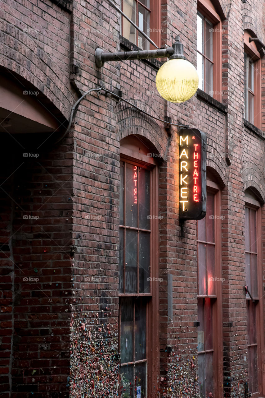 Market Theatre in Post Alley - Pike Place, Seattle, Washington.  Part of the gum wall. 