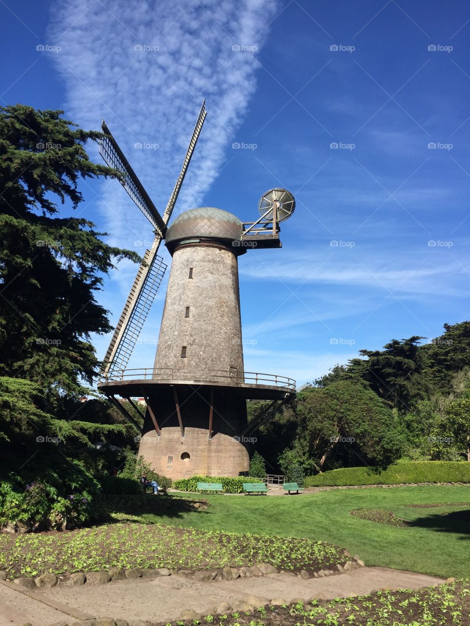 San Francisco windmill with lush, freshly cut grass and cirrus clouds streaming overhead 