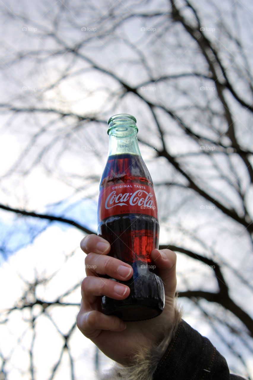Coca Cola Bottle with Tree and Sky Background