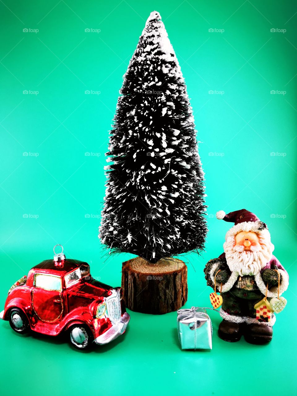 Overhead View of Santa Claus with Christmas tree and one car