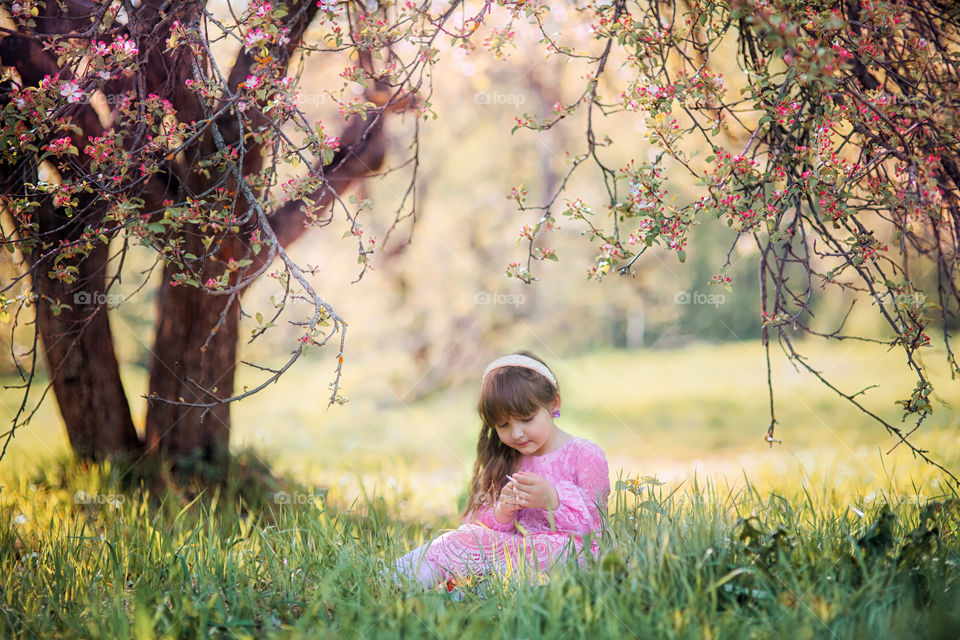 Little girl in a blossom park