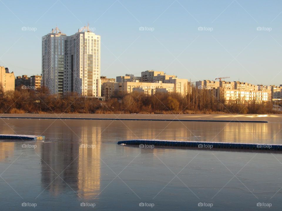 clear frosty day, thin ice on the river, frost