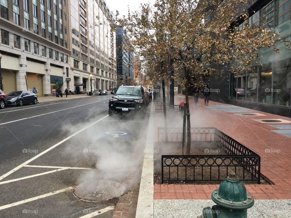 Steaming manhole cover in the streets of Washington DC