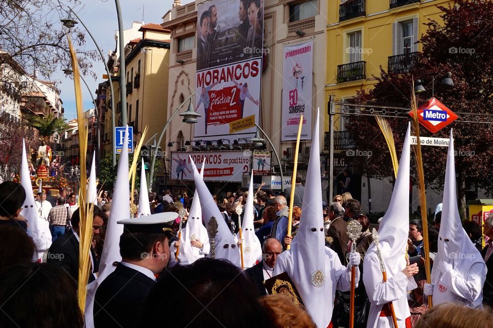 Nazarenos in a Semana Santa procession, Madrid, Spain 