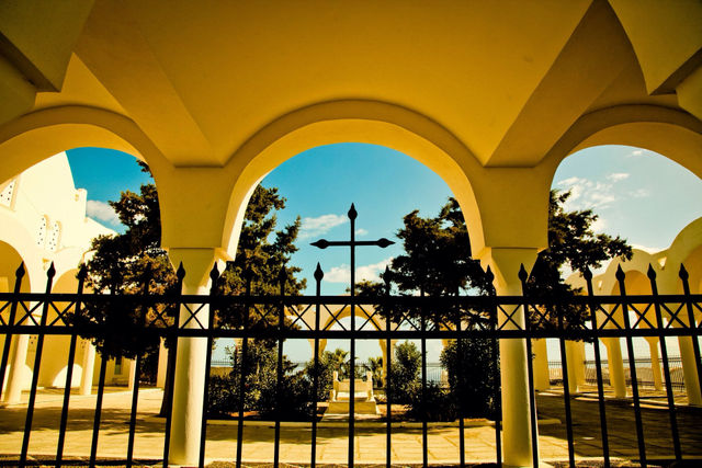 summer church courtyard greece by Sheldonsteere