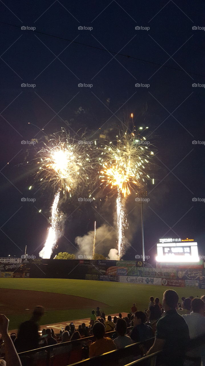 Fireworks. Spectacular and colorful fireworks following a Frederick Keys baseball game in downtown historic Frederick, Maryland