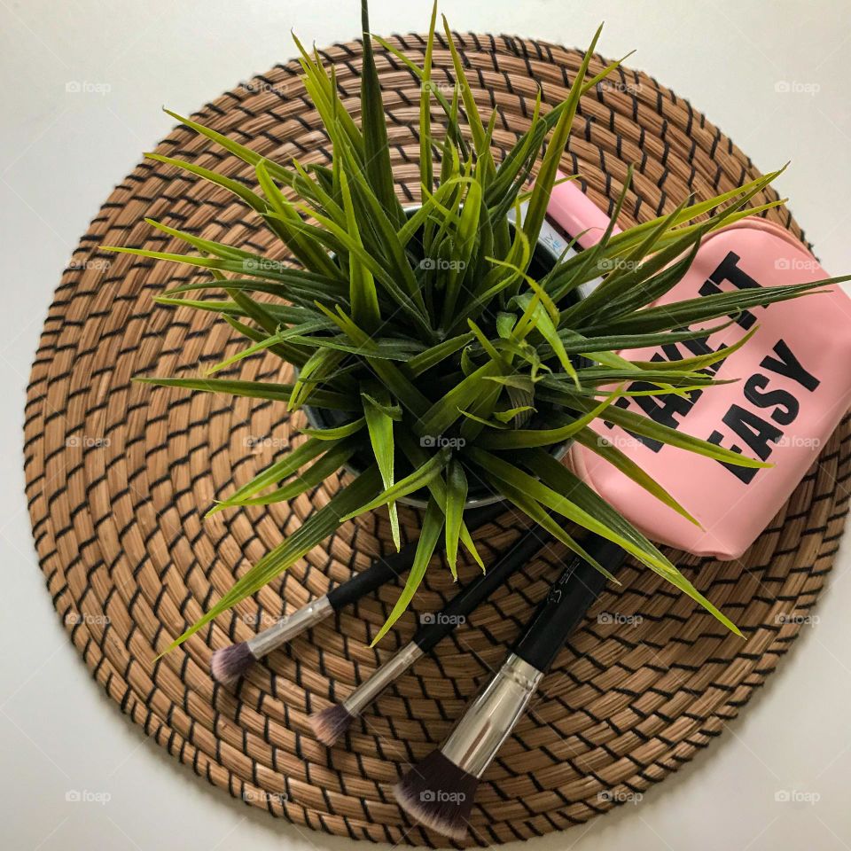 Plant and cosmetics flat lay 