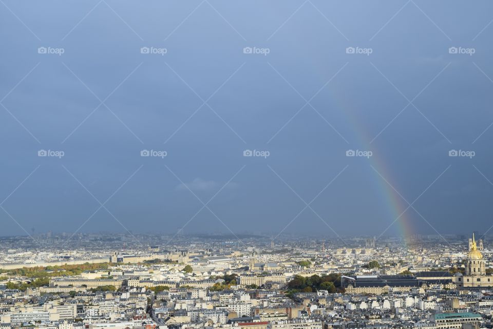 View from the top of the Eiffel Tower of a rainbow over Paris, October 2016.