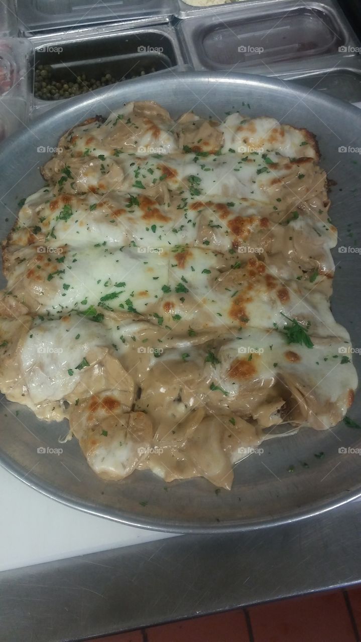 potato stroganoff on garlic bread