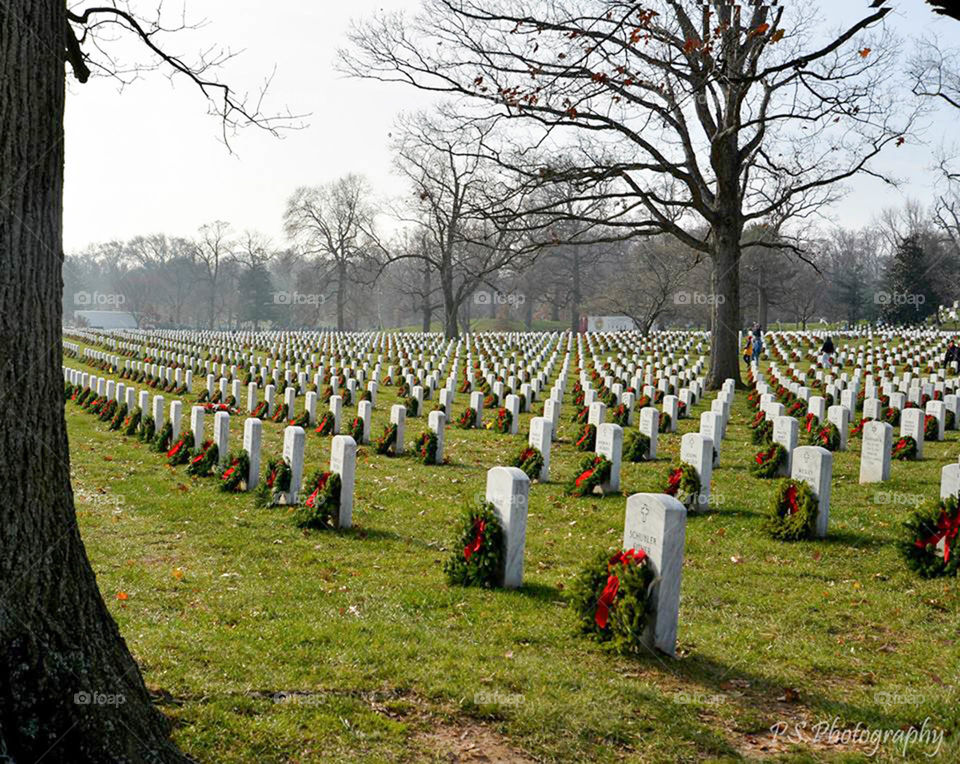 rows of headstones with wreath. Arlington national cemetery  wreaths across America ceremony