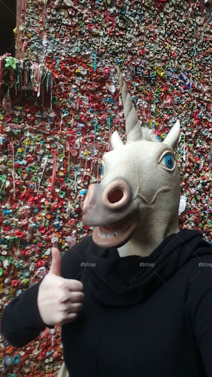 Ollie the Unicorn at the Gum Wall in Post Alley near Pike Place Market