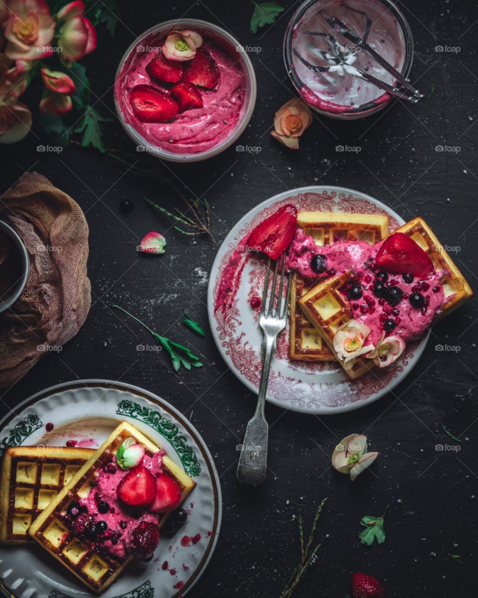 Belgian waffles with flowers