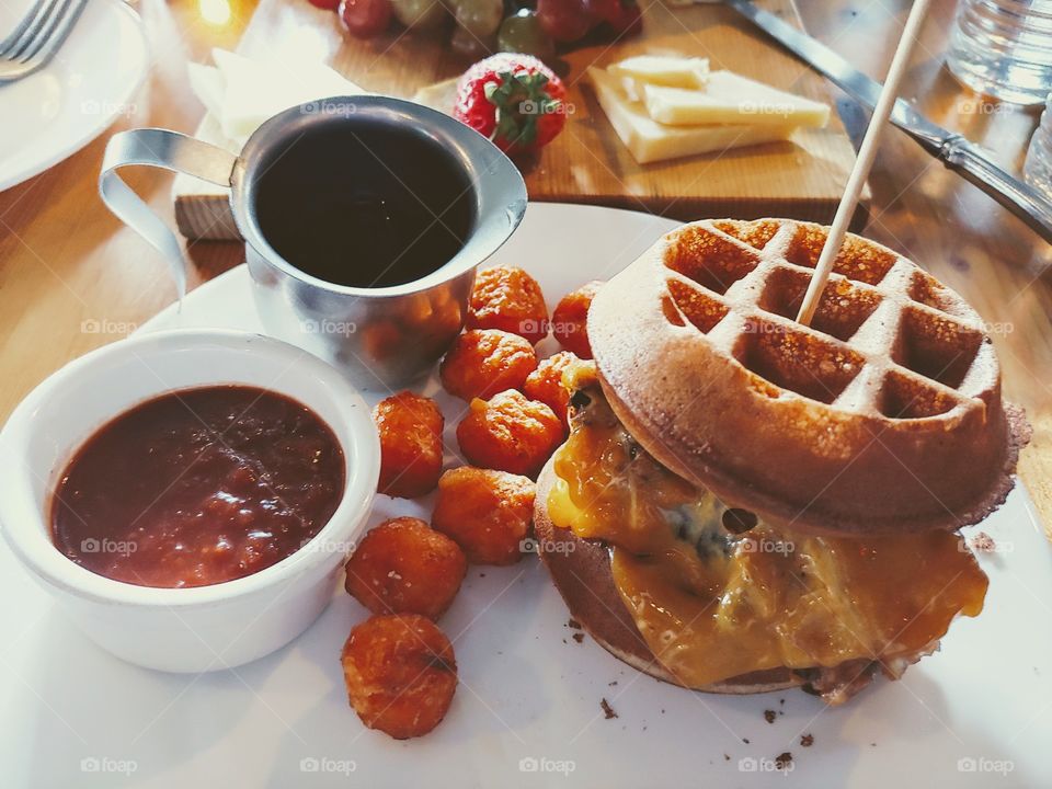 Waffles and Chicken and Sweet Potato Hashbrowns Brunch