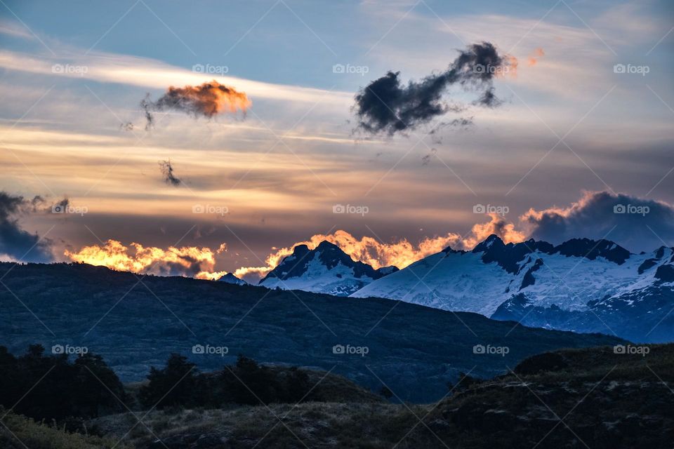 Amazing sunset in the mountains of Patagonia Chile 