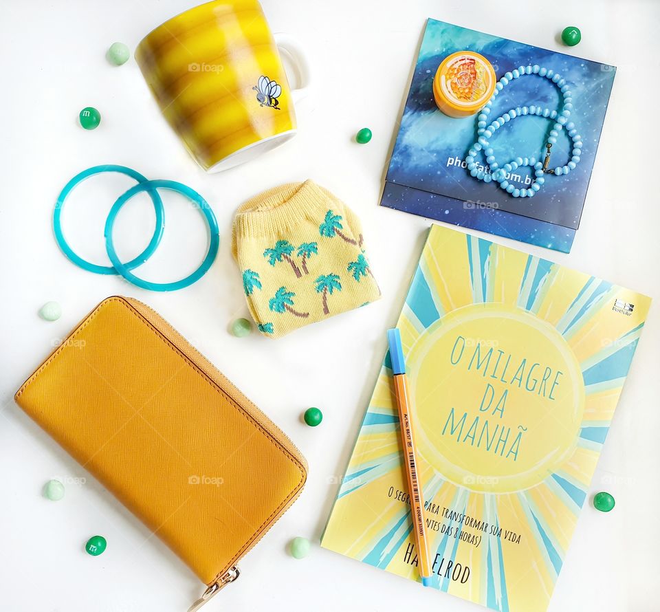 yellow and blue flat lay