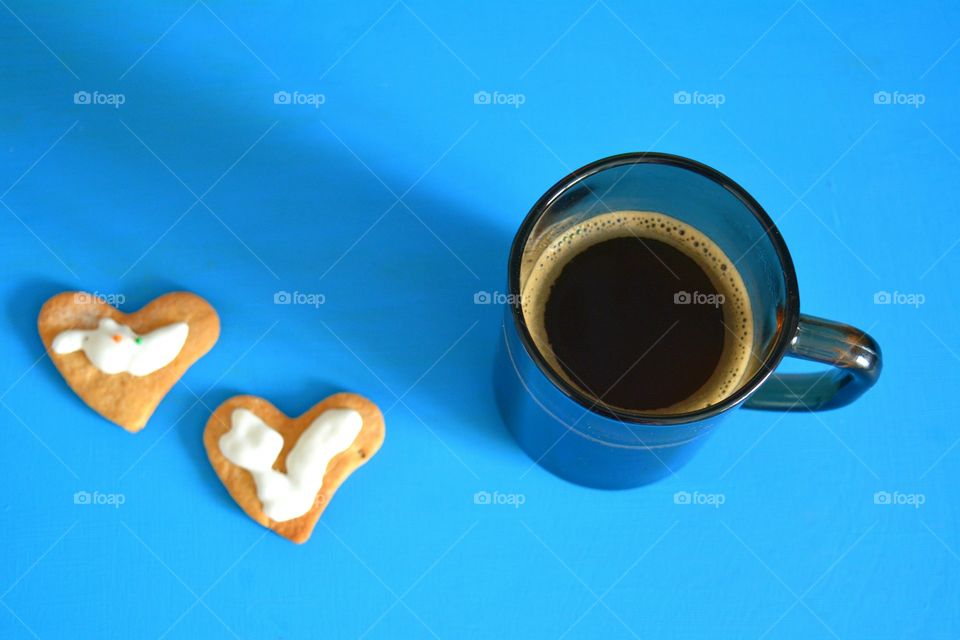 High angle view of coffee against blue background