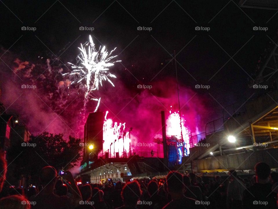 Fireworks over Wrigley Field. Concert at the park