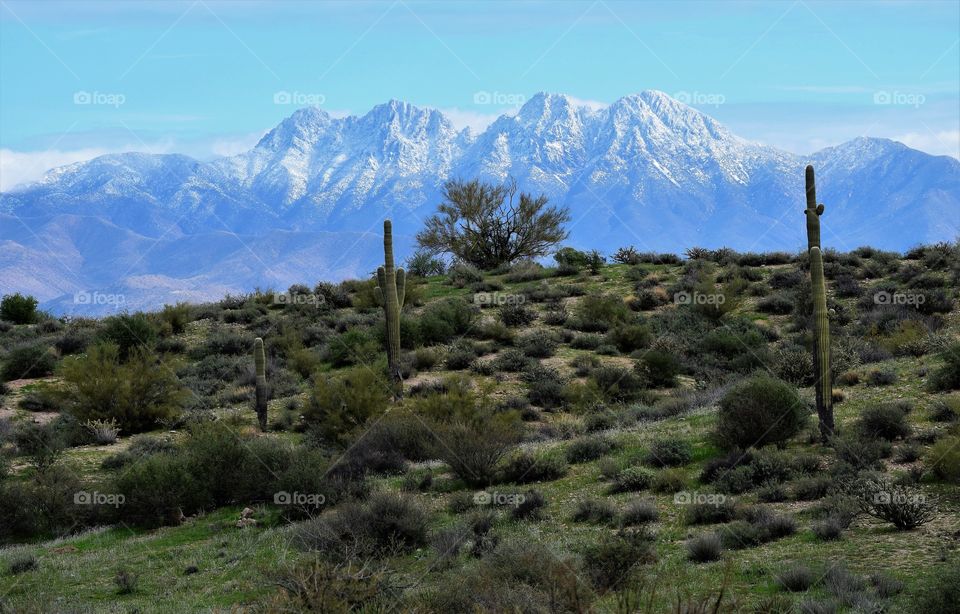 Beautiful Four Peaks east of Phoenix captured on a rare winter day when they are snow capped