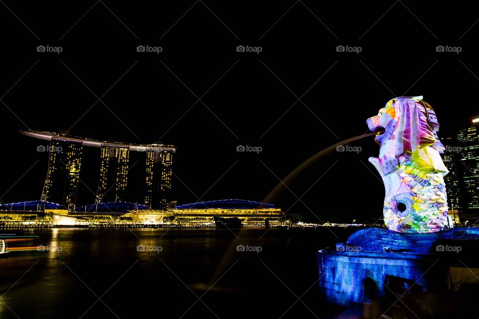 Multi-colour Merlion overlooking Marina Bay Sands in the evening