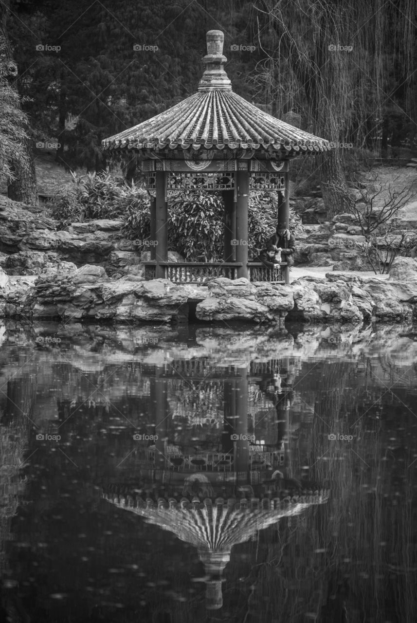 Asia China chinese pavilion  lake side reflection black and white