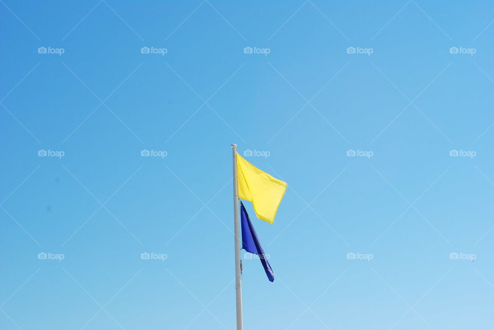 Yellow and purple flags at the beach