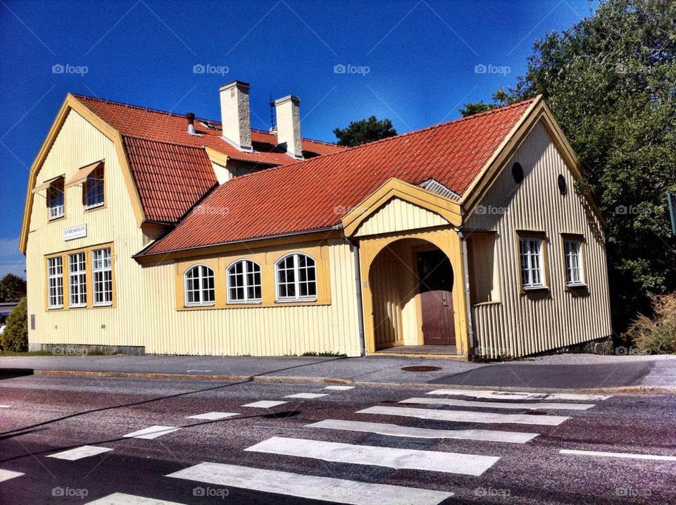 Old school building and pedestrian crossing.