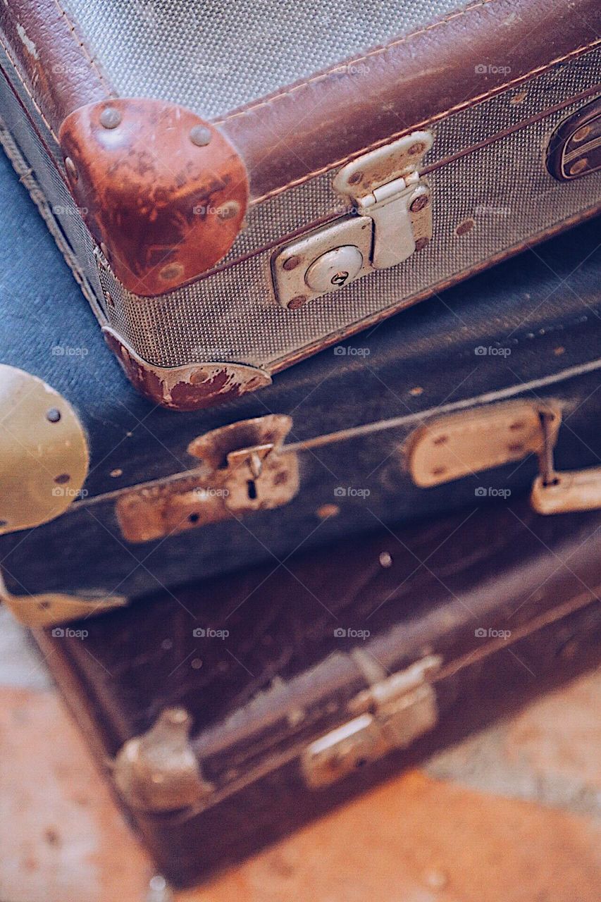 Vintage bags and suitcases close-up 
