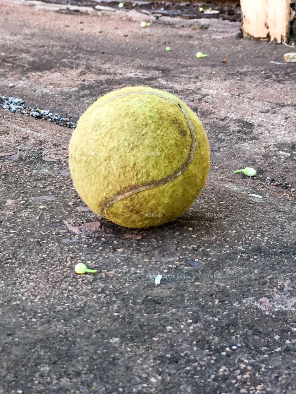 Dirty green tennis ball on grungy cement one