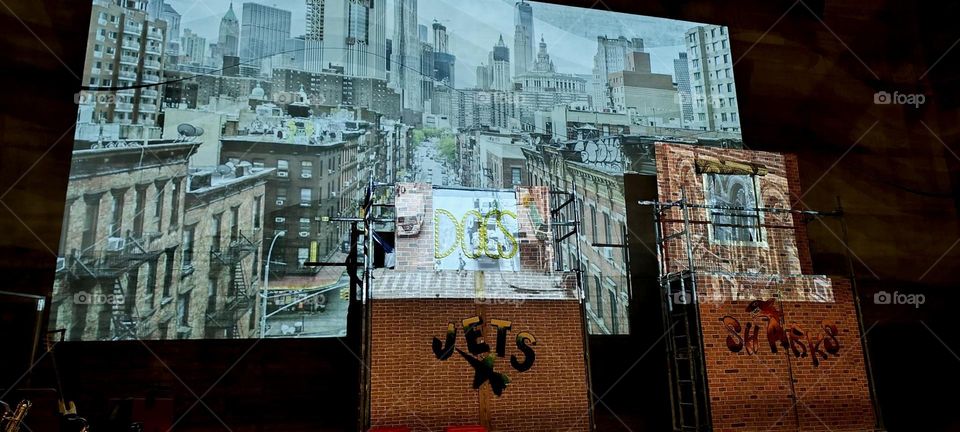 This is the stage set for the first act of “West Side Story” shown in “Regensburg”, Germany depicting “San Juan Hill” on the “West Side” of “Manhattan” north of “59th St” where two rival gangs battle it out in the 1950s. 2024. Hypnotic Productions
