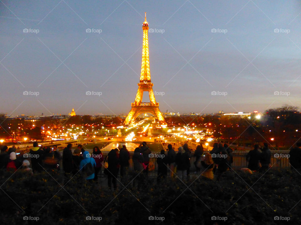 Crowd in front of The Eiffel tower from Trocadero balcony at Sunset,Paris,France