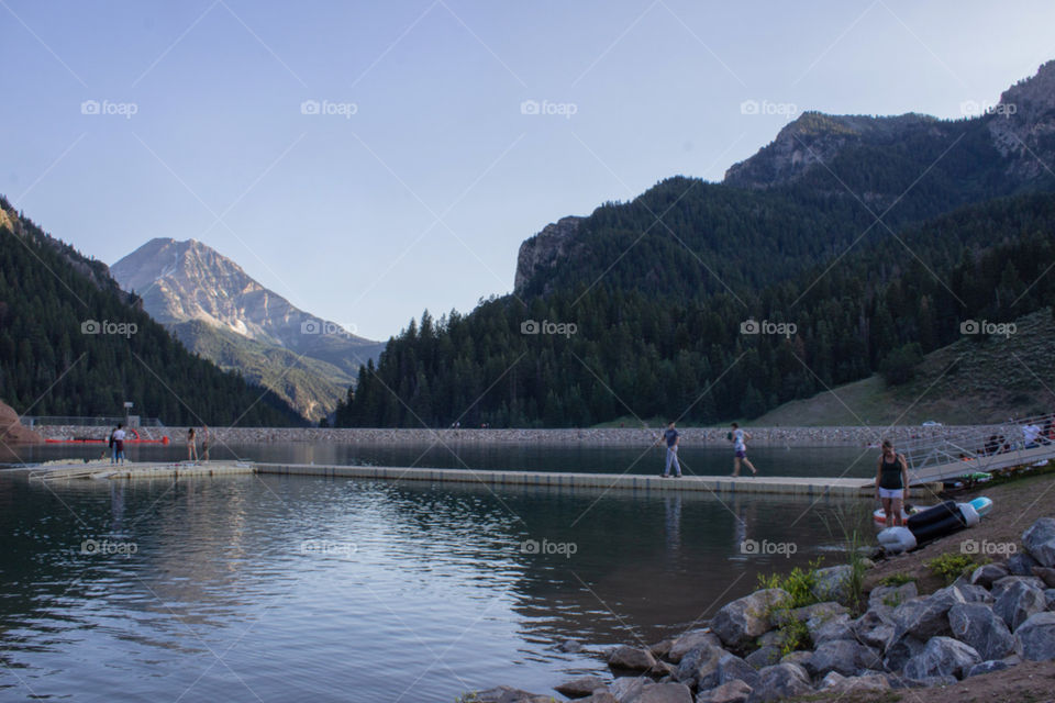 Recreational activities at a reservoir in the mountains 