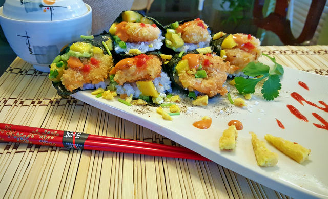 Mango tempura hand rolls