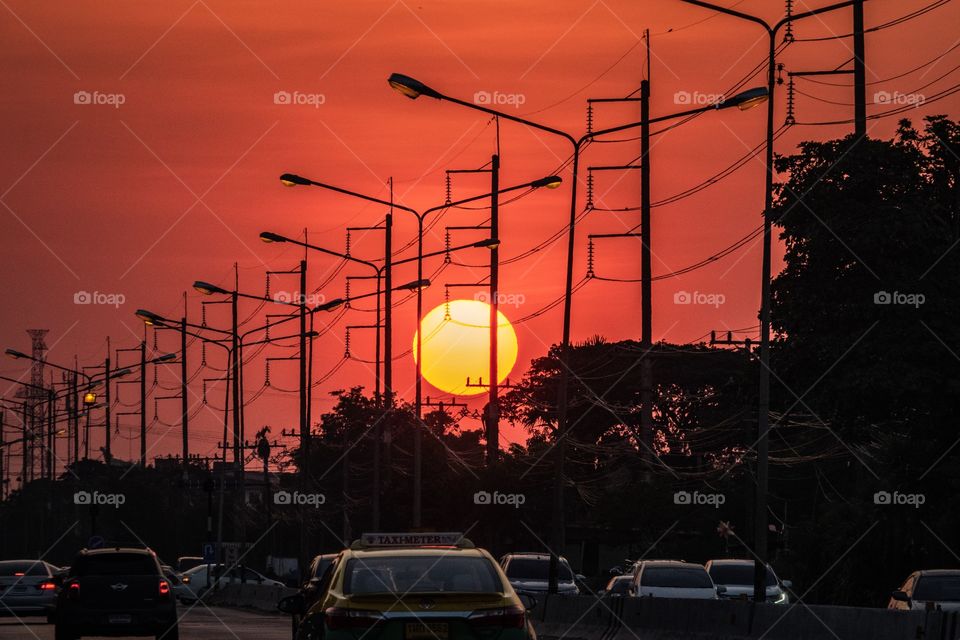 Beautiful sun set on the road