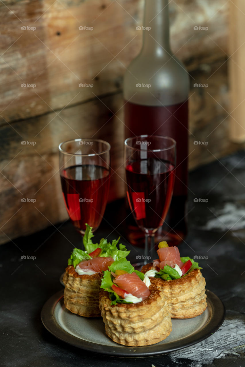 French cuisine, patties with salmon and red wine