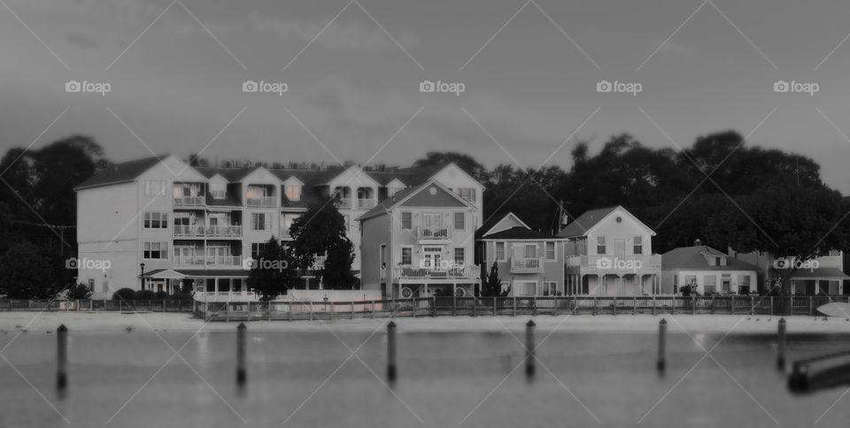 Town homes on the beach on a summer morning in North Beach, Maryland.  