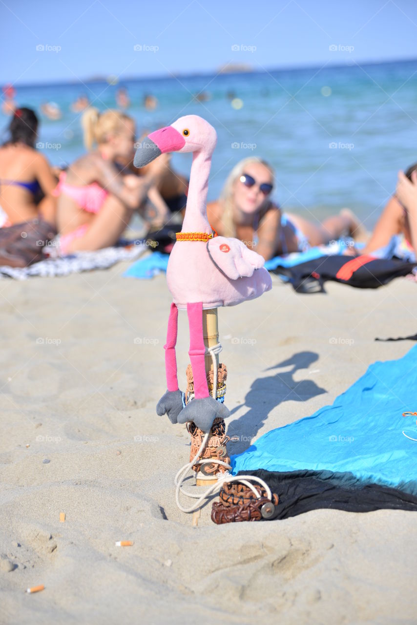 Flamingo toy at the beach