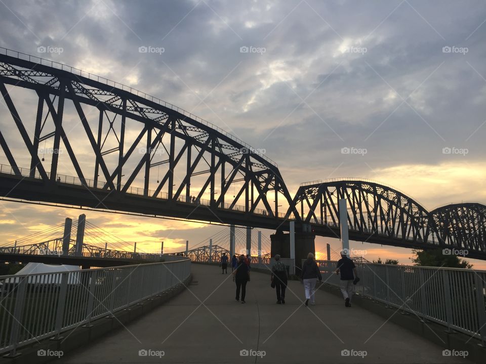 Beautiful landscape at sunset of the walking bridge in Louisville, Ky