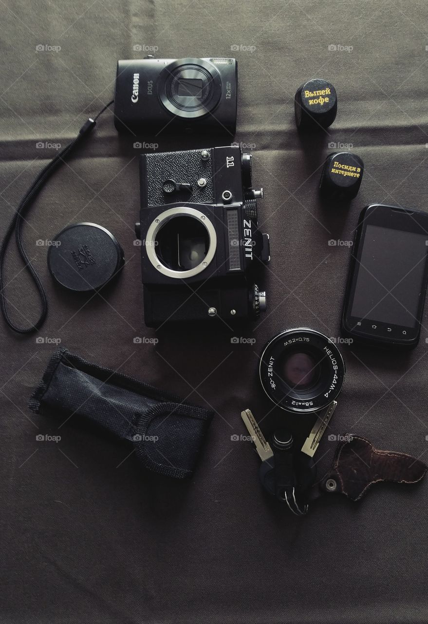 camera. smartphone. keys. dice. Russia.