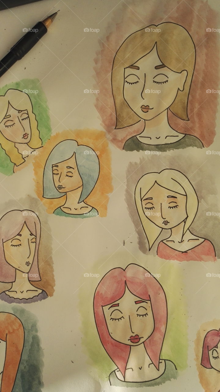 Female eyes closed watercolor paintings multiple colorful. illustration no real people.
