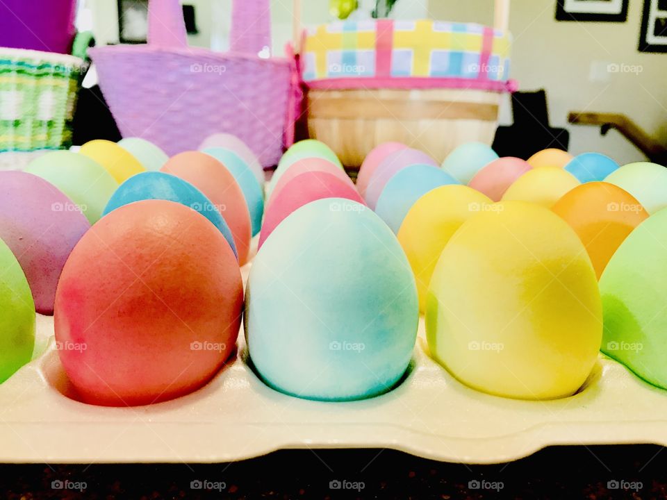 Beautifully multi colored dyed Easter eggs ready to be hidden for the big Easter egg hunt!
