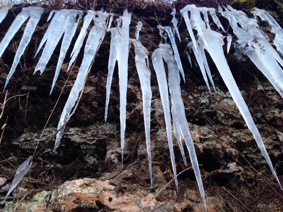 Frozen icicles off a ledge