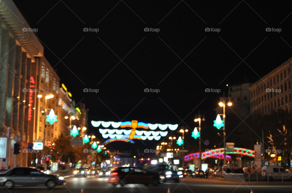 Kreschatyk street, Kyiv, Ukraine at night, all lit up for New Year Celebrations