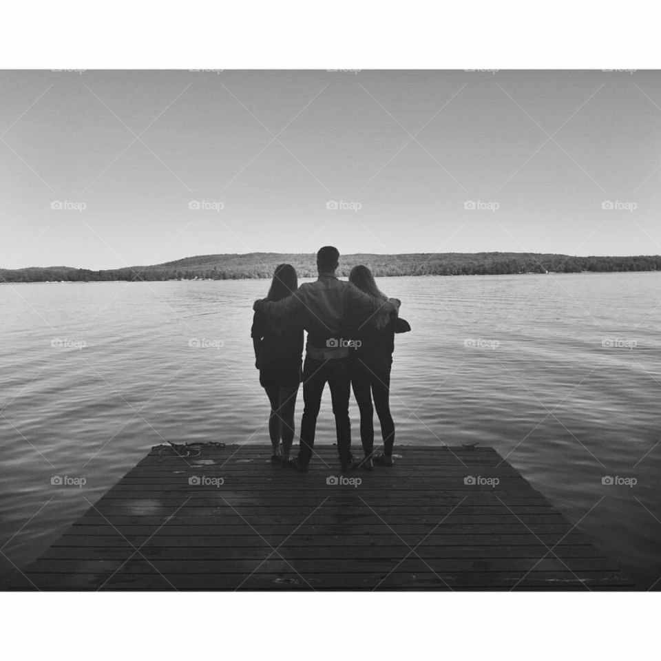 Family on Dock in Black and White