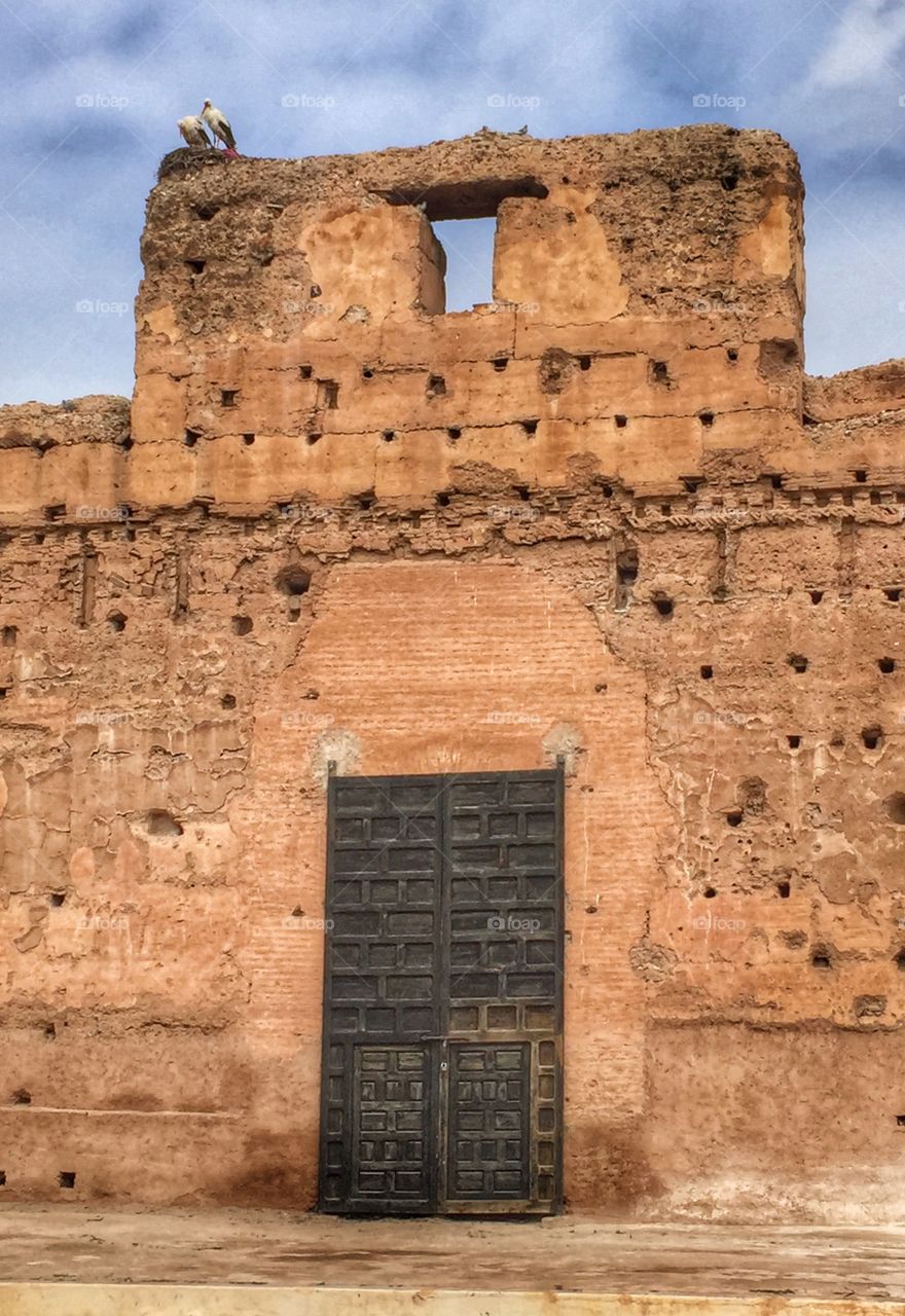 Large wooden door at El Badi Palace, Marrakech 